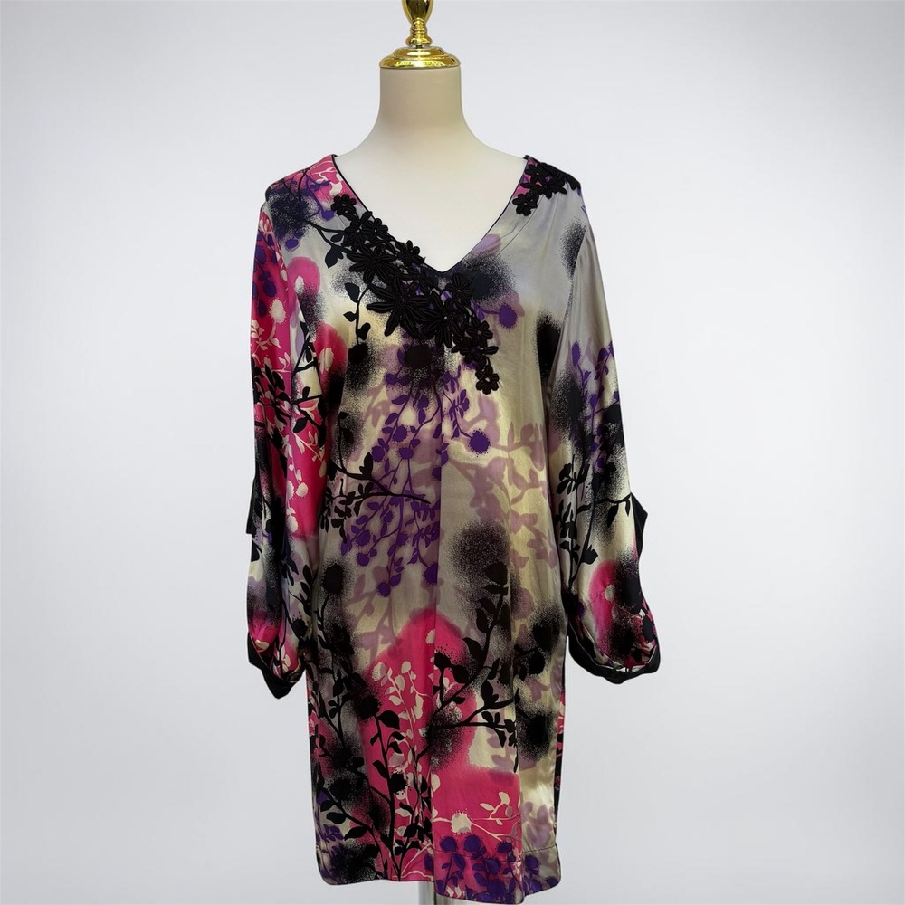 Yoana Baraschi Silk Tunic Dress L Pink Purple Floral Kimono Sleeve Romantic Boho